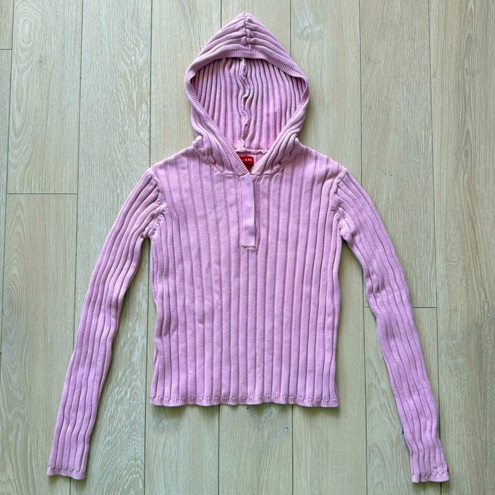 VTG 90s Guess Jeans Women’s Ribbed Hooded Top Sweater Pink Size S